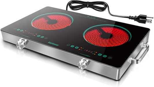 Karinear 2 Burner Electric Cooktop 110V, Portable Electric Stove with Handle, Knob Control Electri Hot Plate, Ceramic Countertop Burner, Timer, Safety Lock, 9 Power Level, 2000W, 24 inch(Green)