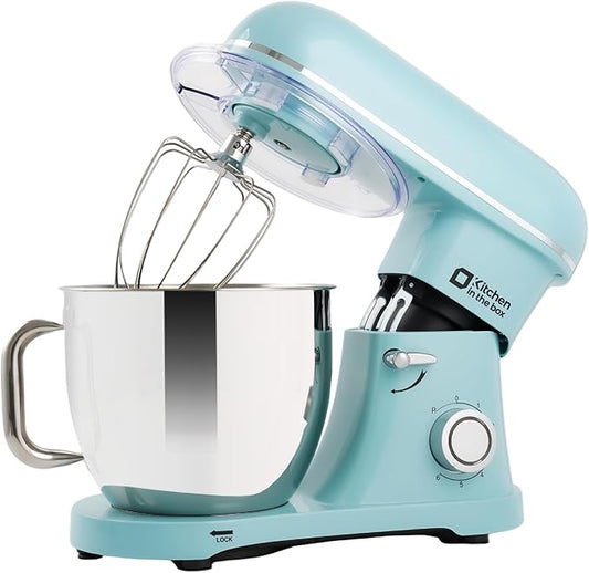 Kitchen in the box Stand Mixer - 6.5 Quart Mixing Bowl with Handle, 900 Watt Heavy Bread Dough Standing Mixers Tilt-head with Dough Hook, Whisk, Flat Beater and Splash Guard (Blue)