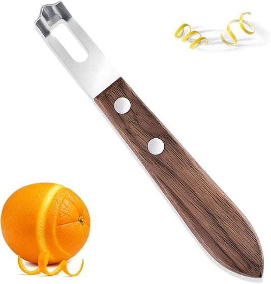 Channel Knife for Zesting Stainless Steel Bar Tool with Wood Handle, Curved Blade for Lemon/Orange Twists Cocktail Garnish Tool for Bartenders & Home Mixologists