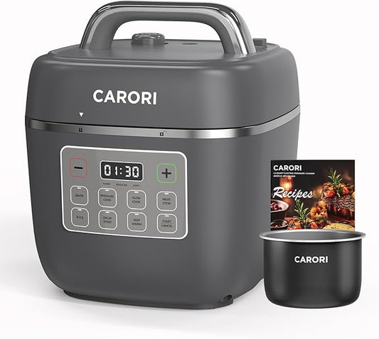 Carori 8-in-1 Electric Pressure Cooker, Compact 3 QT All-in-1 Multi-Cooker with Ceramic Pot, Saute, Slow Cook, Rice, Stew, Delay Start, Keep Warm & Safe Vent, Gray