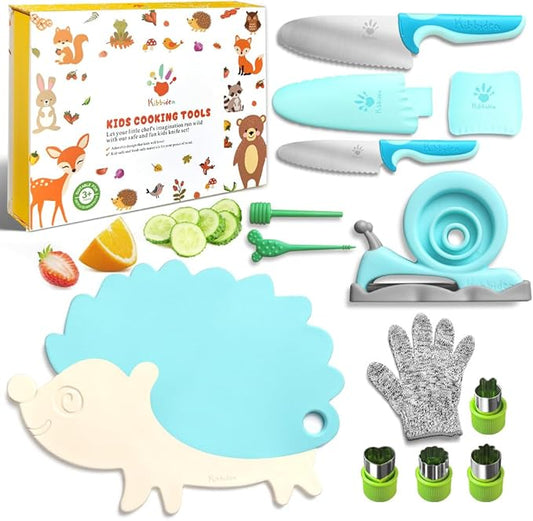 Kibbidea 13 Pcs Kids Kitchen Knife Set, Kids Cooking Sets Real with Cutting Board, Peeler, Serrated Edges Stainless Steel Toddler Safe Knife, Sandwich Cutter (Blue)