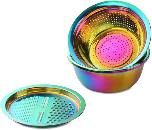 3-In-1 Multifunctional Grater Basin Colander Strainer Set, Mingcheng Stainless Steel Kitchen Grater/Drain Basket/Bottom Basin for Washing Rice, Fruits, Vegetable, Grater with Container (Rainbow)