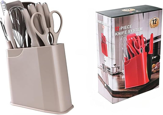 12-Piece Silicone Kitchen Utensil Set with Stainless Steel Knives – Heat-Resistant Spatula, Spoon, Peeler, Non-Scratch Cooking Tools for Baking, Frying & Grilling (Khaki)