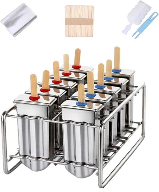 10Pcs Stainless Steel Popsicle Molds and Rack Ice Cream Popsicle Molds with 10 Square Ice Pop Makers + 100 Reusable Bamboo Sticks + 20 Bags + 1 Cleaning Brush + 1 Rack