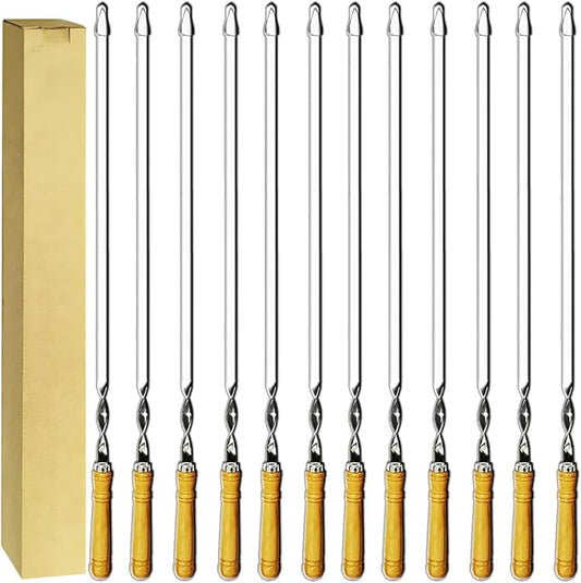 Antallcky 12 Pack Kebab Skewers 23.5 Inch BBQ Barbecue Skewers Stainless Steel Sticks Heavy Duty Large Wide Reusable with Nonslip Wooden Handle Ideal for Shish Kabob Chicken Shrimp and Vegetables