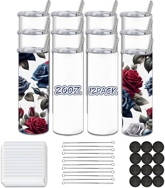 20oz Sublimation Tumblers Blanks Products Stainless Steel Double Wall Sublimation Tumblers with Lids and Straws Polymer Coating for Heat Transfer Customized Gifts (12 Pack)