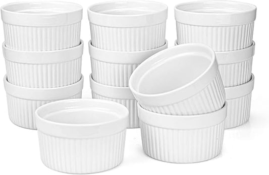 Foraineam Set of 12 Pcs 6 oz Porcelain Souffle Dishes, White Ramekins Bakeware Set Dessert Custard Baking Cups for Baking, Cooking, Serving and More