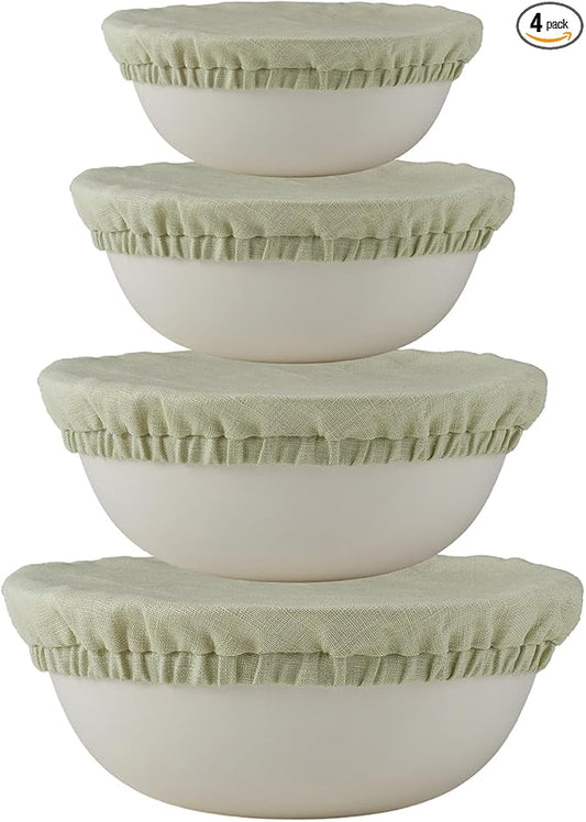 100% Pure Linen Bowl Covers For Bread Proofing, 4 Pcs Elastic Reusable Solid Color Cloth Fabric Bowl Covers,XL Organic Washable Large Stretch Sourdough Lids 6 * 8 * 10 * 12 Inches, Green