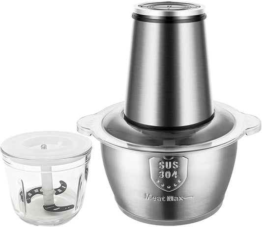 MEGAWISE Food Processor, 800W Electric Meat Grinder with 0.6L Glass Bowl & 1.2L Stainless Steel Bowl, Dual Speed Modes and Bi-Level BladesBlades for Meat, Vegetables, Nuts, Fruits, and Baby Food