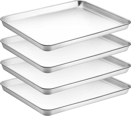 CEKEE Baking Sheet Set of 4, Stainless Steel Cookie Sheet & Baking Pan Tray, Toaster Oven Tray, Baking Pan Set, Rectangle Size 16 x 12 x 1 inch, Non Toxic, Mirror Finish & Rust Free, Dishwasher Safe