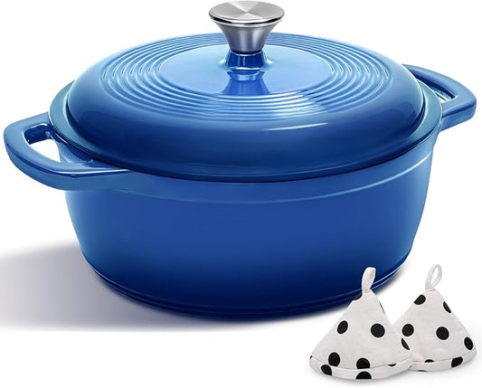 Cast Iron Dutch Oven Pot With Lid - AIVIKI 5QT Enameled Dutch Oven for Bread Baking With Cotton Potholders - Heavy- Duty Cookware Across All Cooktops, Wedding Registry Ideas & Gifts, Blue