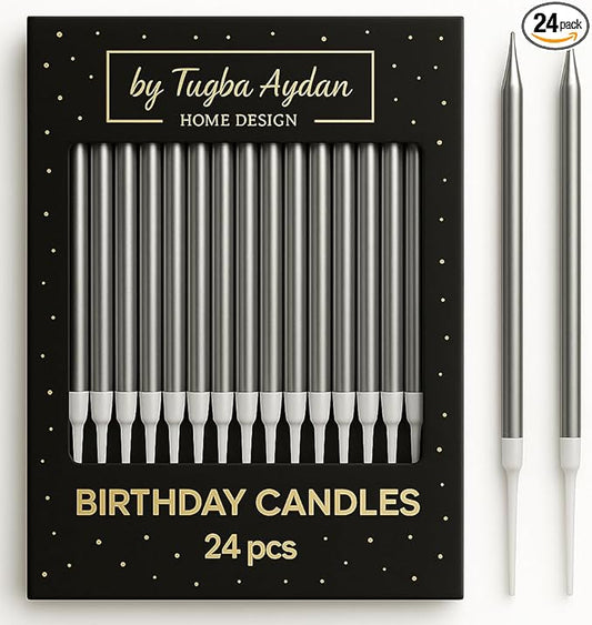 by Tugba Aydan - Silver Birthday Candles - 24 Count Long Thin Silver Birthday Candles for Cake, Metallic Cake Candle for Birthday, Party Candles