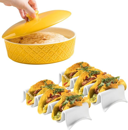 Ceramic Taco Holders Set of 2, Tortilla Warmer with Lid Oven Safe
