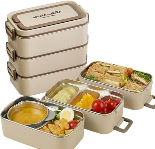 Bento Box Adult Lunch Box, Stackable 3-Layer 304 Stainless Steel for Adults, Office, 3L Capacity, Portable, Soup Bowl, Spoon & Fork, Metal Lunch Box, Tiffin (Beige)