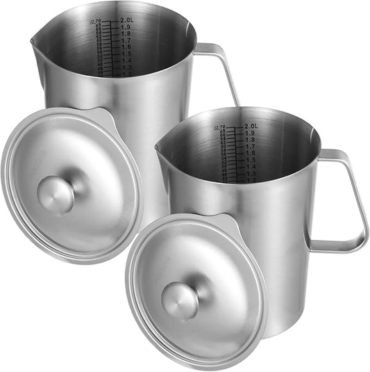 2 Pcs Stainless Steel Pitchers with Lids, 70 oz Measuring Cups with Dual-Scale Markings, Milk Frothing Jugs, Large Beakers for Espresso Machine, Hot/Cold Water, Latte Art, Iced Tea