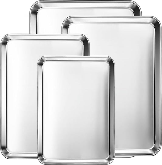 CEKEE Baking Sheet Set of 4, Stainless Steel Cookie Sheets for Baking, 0.8mm Heavy Duty Nonstick Baking Pans, 9/10/12/16 Inch Baking Trays for Oven, Non Toxic & Mirror Finish & Easy Clean