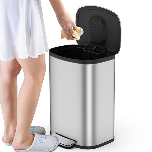 13 Gallon/50L Trash Can with Foot Pedal, Stainless Steel Garbage Can with Soft-Close Lid, Garbage Bin Exquisite Oval Shape Cover Hands-Free for Kitchen, Bathroom, Office