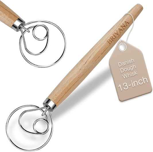 13-Inch Danish Dough Whisk, Wooden Handle with Stainless Steel Single Loop Dough Hook, Dough Whisk for Sourdough, Pizza, Cake Batter