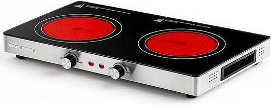 OVENTE Infrared Ceramic Double Burner, 1800W Electric Countertop Hot Plate with Black Crystalline Glass, Portable Stainless Steel Cooktop for Home, Office, or Dorm Use, Black BGI302GB