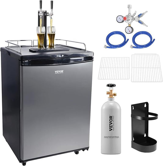 VEVOR Beer Kegerator, Dual Tap Commercial Draft Beer Dispenser for D system, Full Size Keg Refrigerator with 5lbs CO2 Tank, Hold 2 Sixth / 3 Ball lock keg, Silver