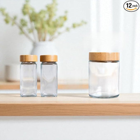 12 pcs Glass Spice Jars with Bamboo Lids - 8oz Spice Containers with 360 Spice Labels, Expiration Date Stickers & Measuring Spoon - Kitchen Organization & Storage Set for Herbs, Seasonings & Spices