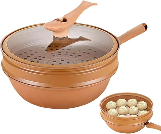 awakentti Light weight Cast Iron Wok, Iron Wok With Lid, Nonstick Wok, Steaming And Cooking All In 1 Frying Wok Flat Bottom for Induction, Electric, Gas, Halogen, All Stoves