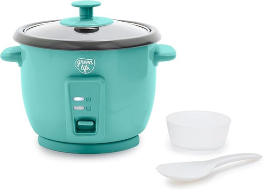 GreenLife Rice Cooker with Removable PFAS-Free Ceramic Nonstick Pot, 3-Cups Uncooked/6-Cups Cooked, Grains & Oatmeal Multicooker, Compact One-Switch Design, Auto Keep Warm, Easy Clean, Turquoise
