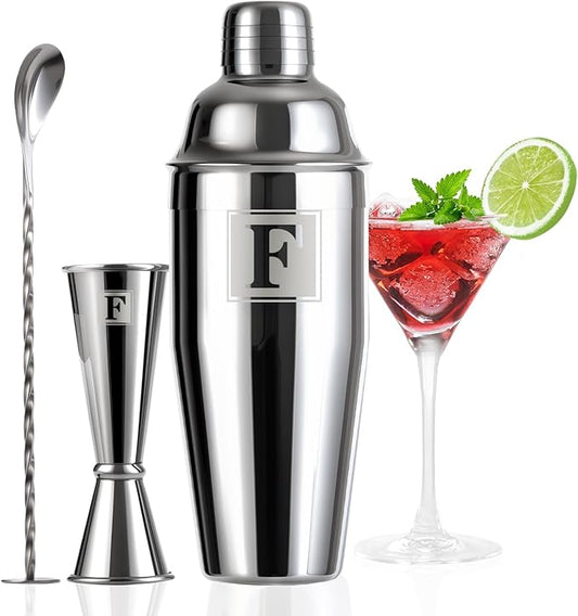 24oz Cocktail Shaker Set with 1 oz 2oz Jigger - Monogramm Initials Martini Shaker Set - 304 Stainless Steel Bar Shaker for Margarita,Mojito-Personalized Gift for Friend,Husband-F