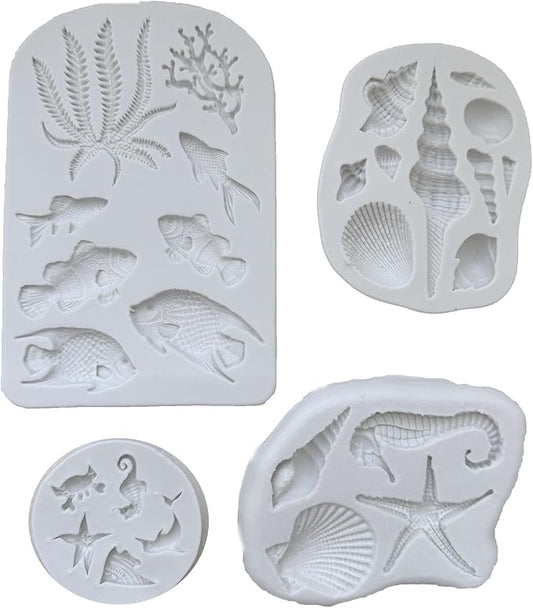 4PCS Marine Theme Fondant Silicone Mold Seaweed Sea Fish Crab Coral Conch Sea Shells Shape DIY Handmade Baking Tools, For Theme Cake Cookie Chocolate Candy Decoration Fondant Polymer Clay