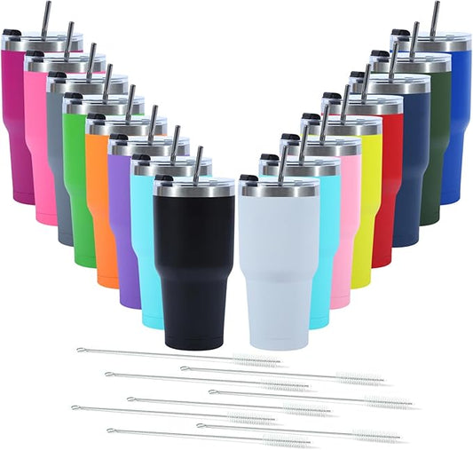 16 Pack 30oz Insulated Tumbler with Lids and Straw, Stainless Steel Travel Coffee Tumbler,Powder Coated Travel Mug (Mixed color)