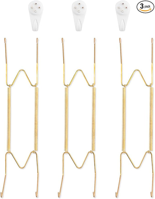 3 Pack Plate Hangers for The Wall, Suitable for 10-14 inch Art Plate, Stainless Steel Invisible Heavy Duty Wire Plate Holder with Wall Hooks, Plate Hangers for Displaying Plates, Platter, Dish, Gold