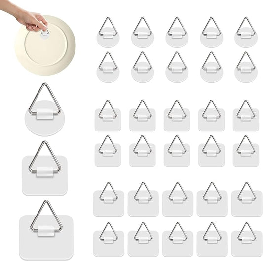 Bilillo 30PCS Adhesive Picture & Plate Hangers, No Nails Wall Hooks, Invisible Heavy Duty Sticky Hanging Hooks for Frames, Plates, Wall Art Decor, No Damage (Round & Square)