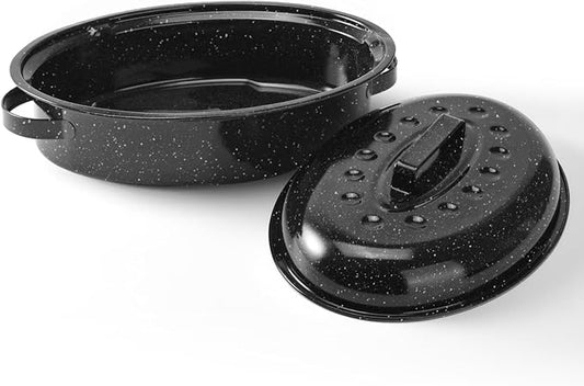 15.4" Roasting Pans for Ovens Porcelain Enameled Steel Oval Roaster Pan with Domed Lid for Turkey, Chicken, Vegetable, Lamb, Sourdough Bread