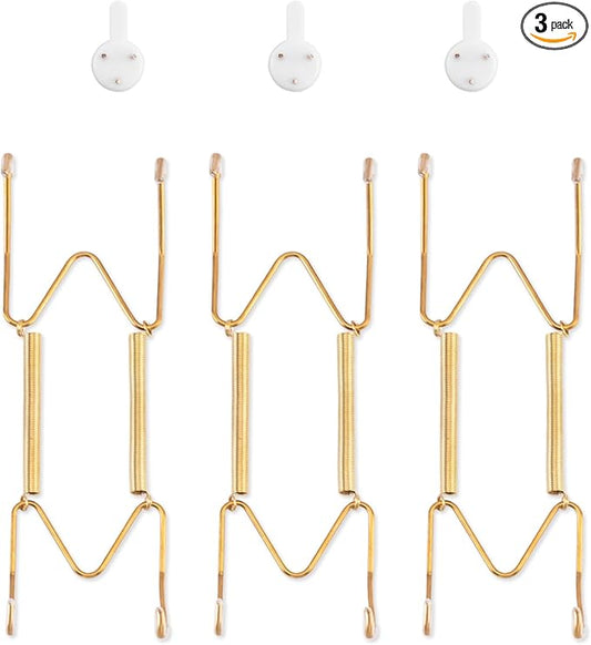 3 Pack Plate Hangers for The Wall, Suitable for 6-8 inch Art Plate, Stainless Steel Invisible Heavy Duty Wire Plate Holder with Wall Hooks, Plate Hangers for Displaying Plates, Platter, Dish, Gold