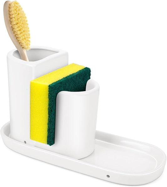 Ceramic Kitchen Sink Organizer Sponge Holder and Dish Brush Holder and Soap Tray for Kitchen Sink Organizer, White