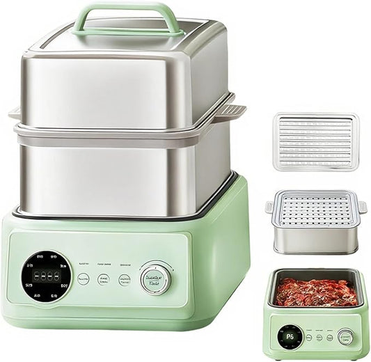 15.9QT Electric Food Steamer, 3 Tier Food Steamer for Cooking, 1200W Stainless Steel Steamer, Large Capacity Hot Pot, 9 Time Settings, for Home, Restaurant, Party (Green)