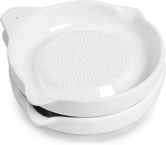 Ceramics Grater Plate for Ginger, Garlic, Onion, Cheese, Lemon, Chocolate, Vegetables and Fruits for Kitchen, Set of 2, White