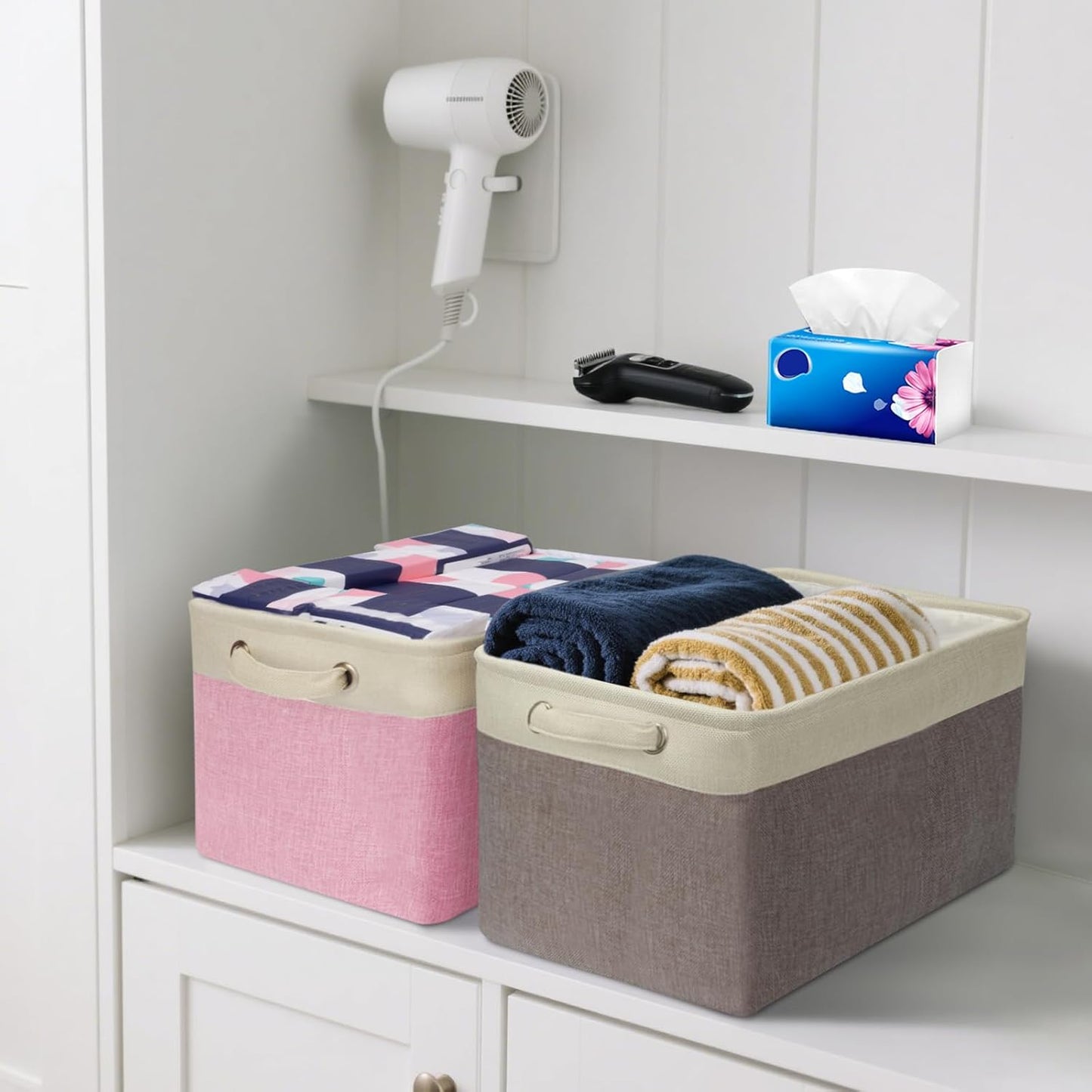 BALEINE 4 Pack Fabric Storage Bins for Shelves, Linen Storage Baskets for Organizing, Decorative Closet Bins for Clothes, Home (Skyblue, 15''x11''x9.5'')