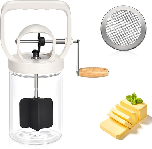 CAROD Traditional Manual Butter Churn Maker, 1.2L Capacity Glass Jar with Sifting Lid, Create Delicious Homemade Butter within 15 Min, Upgraded Design Protect from Injury