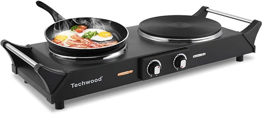 Techwood 1800W Hot Plate Portable Electric Stove Countertop Double Burner with Adjustable Temperature & Stay Cool Handles, 7.5” Cooktop for RV/Home/Camp, Compatible for All Cookwares