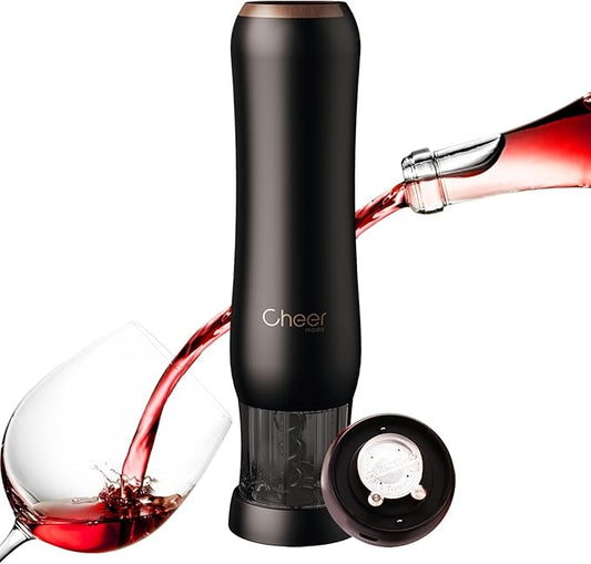 CHEER MODA Automatic Electric Wine Opener, Rechargeable Cordless Corkscrew with Pressure Sensor, Button-Free One-Touch Design, Includes Foil Cutter, Modern French Design Wine Opener Gift (Black-1990S)