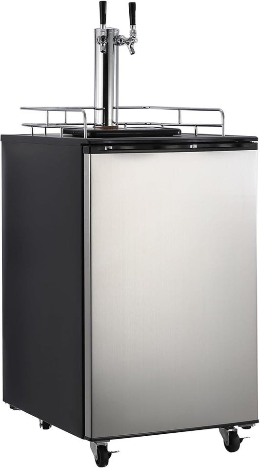 Kegerator and Keg Beer Cooler, Dual Tap Draft Beer Dispenser, Full Size Keg Refrigerator With Shelves, Stainless Steel, Drip Tray & Rail，silver