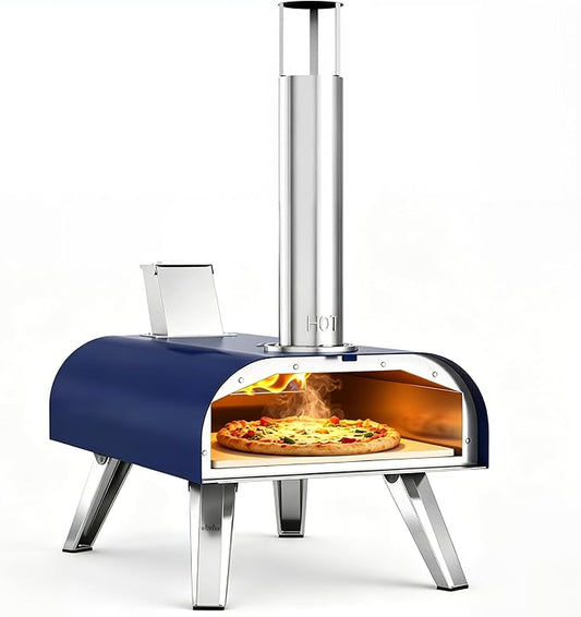 BIG HORN 12" Multi-Fuel Outdoor Pizza Oven – 3-in-1 Wood-Fired, Gas & Electric Compatible (Burners Sold Separately), Pellet Pizza Oven Portable Pizza Maker for Backyard, Camping & Tailgating, Blue