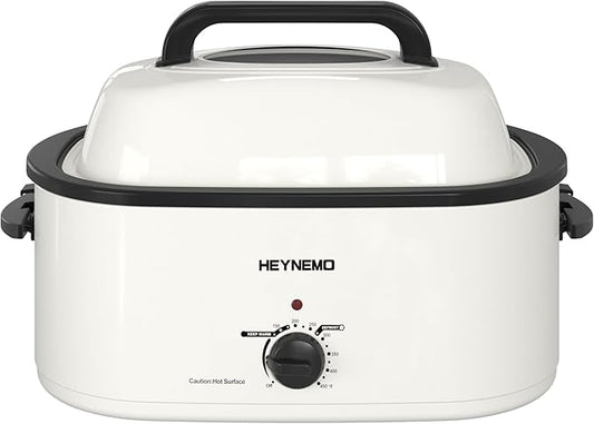 24Qt Turkey Roaster Oven Buffet with Self-Basting Lid, 1450W Electric Roaster Oven with Cool-Touch Handles, Removable Pan and Rack, Stainless Steel, White