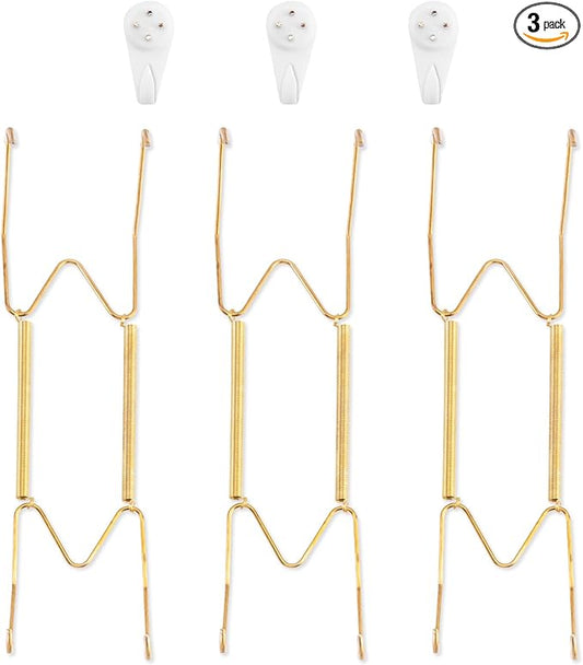 3 Pack Plate Hangers for The Wall, Suitable for 9-11 inch Art Plate, Stainless Steel Invisible Heavy Duty Wire Plate Holder with Wall Hooks, Plate Hangers for Displaying Plates, Platter, Dish, Gold