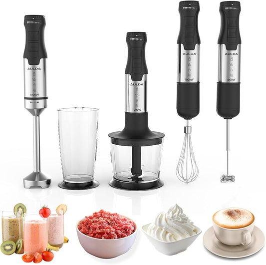 1000W 5-in-1 Immersion Hand Blender - 20 Speeds, Stainless Steel Stick Blender with Mixing Beaker, Chopper Bowl, Milk Frother, Egg Whisk for Smoothie, Baby Food, Sauces Red,Puree, Soup