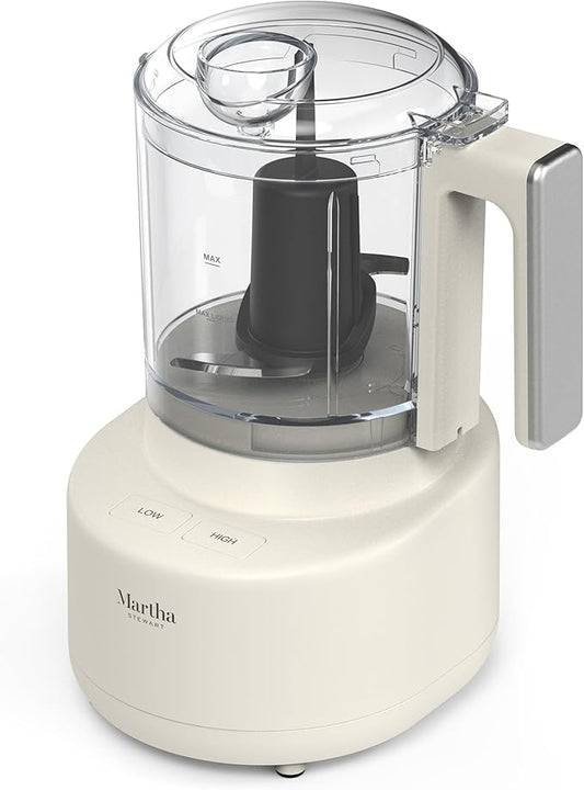 Martha Stewart 3 Cup Electric Food Chopper, Vegetable & Herb Mini Food Processor, 24oz BPA-Free Bowl, Stainless Steel Blades, Pour Spout, Dicing, Mincing, Chop & Puree, Dishwasher Safe, Linen