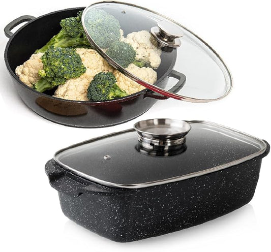 Moss & Stone Die Cast Aluminum Oval Roaster Pot 12-Inch, Induction Compatible, Hard Anodized Nonstick Pasta Pot with Glass Lid, Roaster Oven Safe 6 Quart Bundle With 12 Inch Aluminum Pan Non-Stick Coo