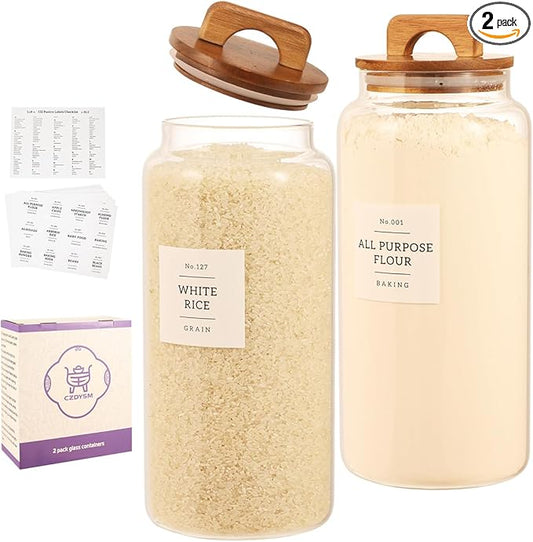 2 Pack Large Glass Flour and Sugar Containers with 132 Pantry Labels - 105 FL OZ Glass Canisters with Bamboo Airtight Lids - Farmhouse Kitchen Glass Pantry Jars for Cookie, Rice, Pasta, Cereal, Salt