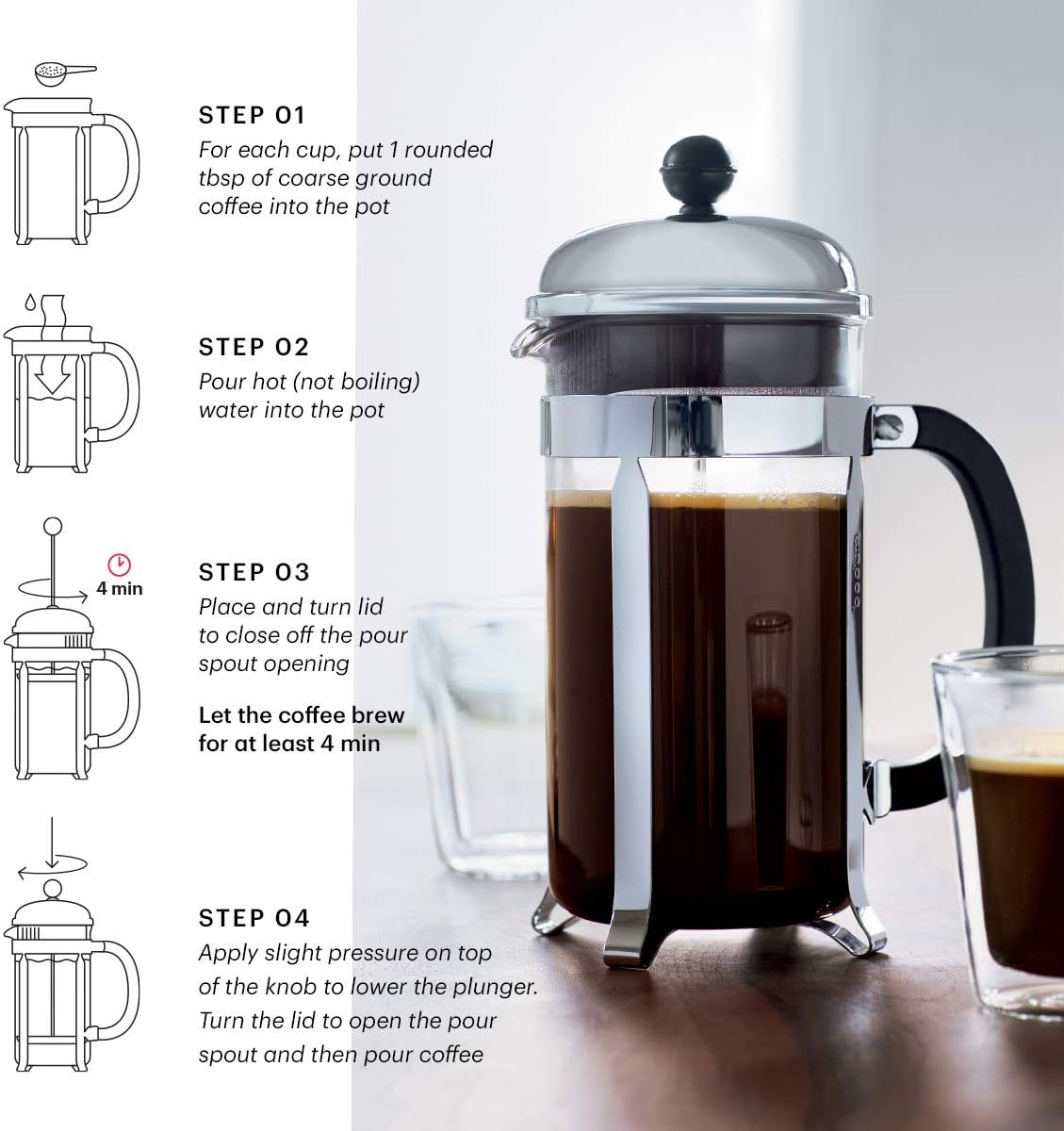 Bodum 34oz Chambord French Press Coffee Maker, High-Heat Borosilicate Glass, Stainless Steel, White – Made in Portugal